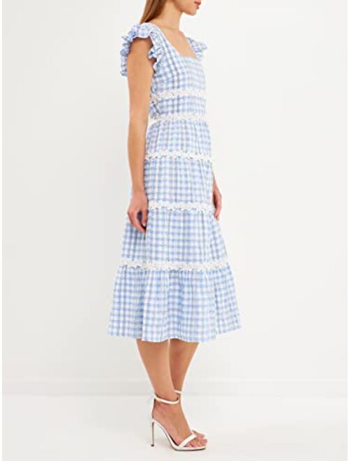 English Factory Women's Floral Lace Gingham Printed Midi Dress
