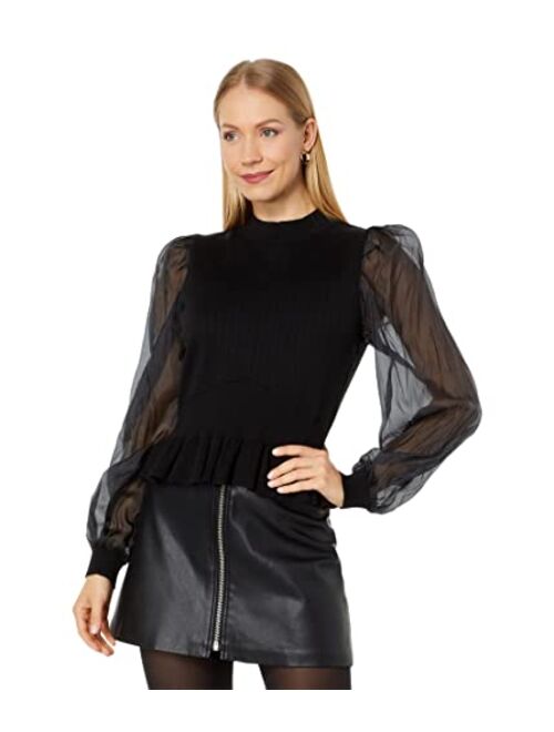 English Factory Organza Long Sleeve Knit Blouse with Mock Neck