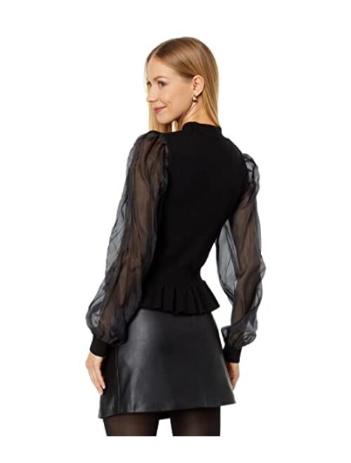 English Factory Organza Long Sleeve Knit Blouse with Mock Neck