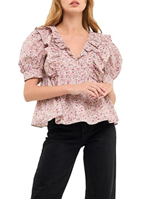 English Factory Cotton Floral Ruffled Top
