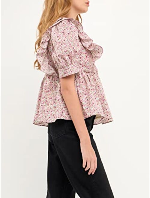 English Factory Cotton Floral Ruffled Top