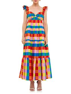 Women's Printed Multi Check Shirred Maxi Dress