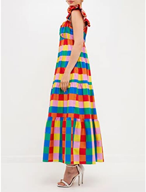 English Factory Women's Printed Multi Check Shirred Maxi Dress