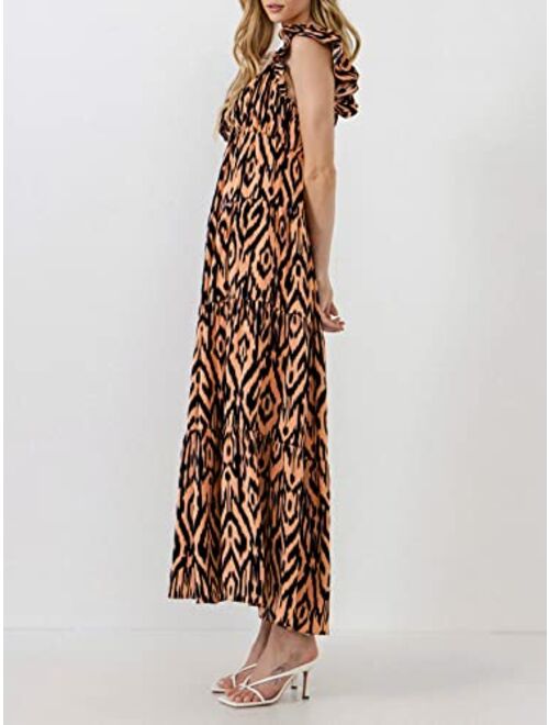 English Factory Women's Tiger Print Ruffle Sleeve Maxi Dress