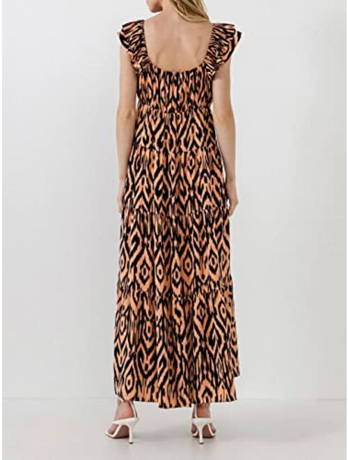 English Factory Women's Tiger Print Ruffle Sleeve Maxi Dress