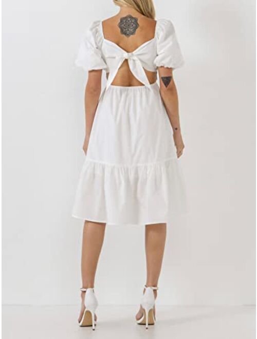 English Factory Women's Puff Sleeve Back Bow Midi Dress