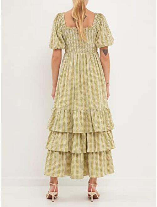 English Factory Women's Gingham Striped Multi Tiered Maxi Dress