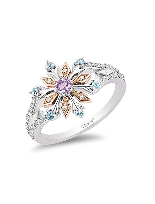 Jewelili Enchanted Disney Fine Jewelry Elsa Snowflake Ring in 14K Rose Gold Over Sterling Silver with Diamonds, Sky Blue Topaz and Rose de France