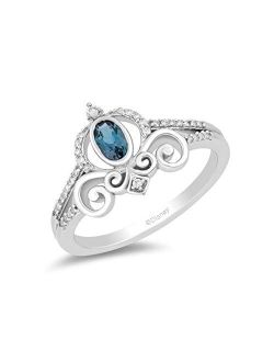 Jewelili Enchanted Disney Fine Jewelry Sterling Silver with 1/10cttw Diamonds and London Blue Topaz Cinderella Carriage Ring