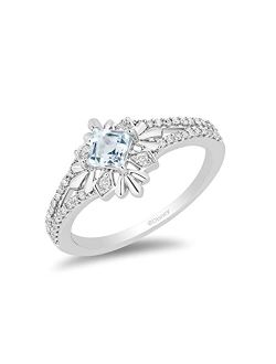 Jewelili Enchanted Disney Fine Jewelry Sterling Silver with 1/5 Cttw Aquamarine Centre Diamond Elsa Snowflake Ring
