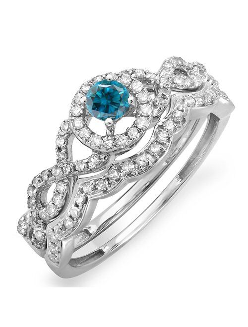 Dazzlingrock Collection 0.60 Carat (ctw) 14k Round Blue & White Diamond Halo Bridal Engagement Ring Matching Band Set, White Gold