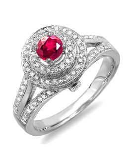 Collection 18K Ruby & White Diamond Halo Split Shank Vintage Engagement Ring, White Gold