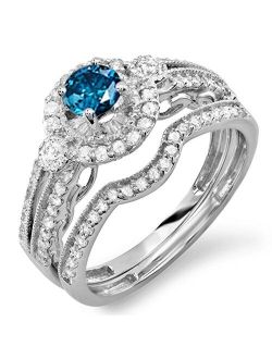Collection 1.00 Carat (ctw) 10k Gold Round Blue & White Diamond Ladies Halo Bridal Engagement Ring Band Set
