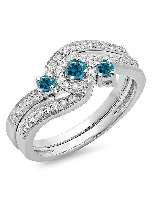 Dazzlingrock Collection 0.65 Carat (ctw) 14K Gold Round Blue & White Diamond Twisted Swirl Bridal Halo Engagement Ring Band Set