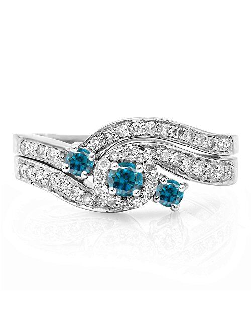 Dazzlingrock Collection 0.65 Carat (ctw) 14K Gold Round Blue & White Diamond Twisted Swirl Bridal Halo Engagement Ring Band Set
