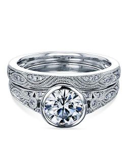 Bezel Moissanite Low Setting Vintage Style Bridal Set