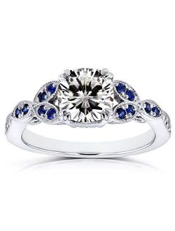 Vintage Style Floral Cushion Moissanite (GH) with Sapphire and Diamond Accents Engagement Ring 1 1/3 Carat TGW in 14k White Gold