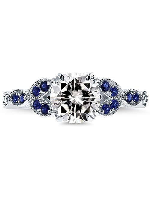 Kobelli Vintage Style Floral Cushion Moissanite (GH) with Sapphire and Diamond Accents Engagement Ring 1 1/3 Carat TGW in 14k White Gold