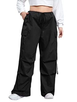 Women's Plus Size Flap Pocket Drawstring High Rise Parachute Baggy Cargo Pants