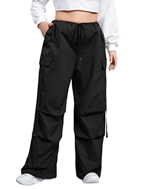 Floerns Women's Plus Size Flap Pocket Drawstring High Rise Parachute Baggy Cargo Pants