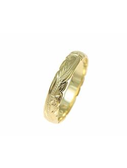 14K yellow gold custom hand engraved Hawaiian princess plumeria scroll cut out edge band ring 4mm size 2-14