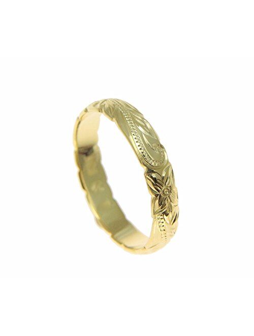 Arthur'S Jewelry 14K yellow gold custom hand engraved Hawaiian princess plumeria scroll cut out edge band ring 4mm size 2-14