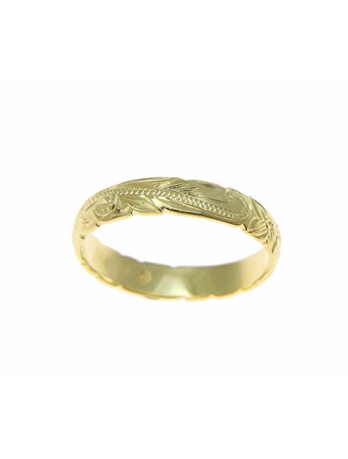 Arthur'S Jewelry 14K yellow gold custom hand engraved Hawaiian princess plumeria scroll cut out edge band ring 4mm size 2-14