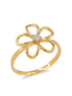 Flower Collection Diamond Solitaire Hawaiian Plumeria Flower Ring in 10k Yellow Gold