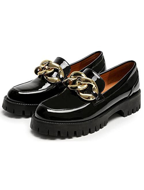 Riekhany Platform Loafers for Women Patent Leather Chunky Chain Loafers Comfort Slip On Dress Shoes