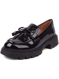 Masika British Style Women's Fashion Loafers, Patent Leather Tassel Loafers, Black Thick-Soled Loafers, Slip-on Thick-Soled Loafers, Simple Casual Flat Shoes, Plus Size S