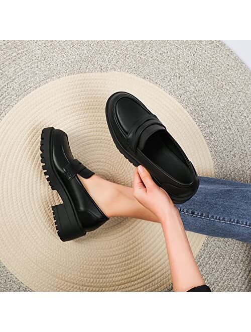 Mostrin Platform Loafers for Women with Chain Slip On Round Toe Chunky Loafer Shoes Penny Casual Lug Sole Business Shoes