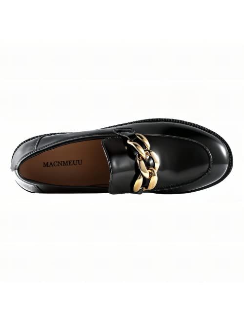 MACNMEUU Chunky Loafers Women Platform Loafers for Women Comfort Slip-on Loafers with Chain Faux Leather