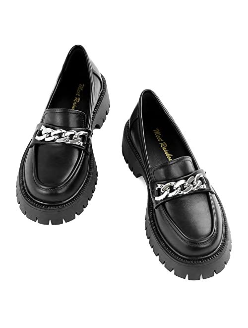 HeneiKecci Chunky Loafer Women Lug Sole Penny Loafer for Women Platform Comfortable Shoes with Metal Chain Women Work Shoes