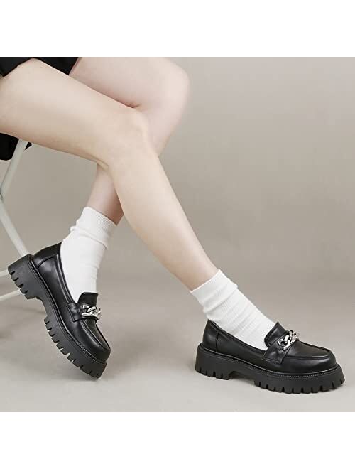 HeneiKecci Chunky Loafer Women Lug Sole Penny Loafer for Women Platform Comfortable Shoes with Metal Chain Women Work Shoes