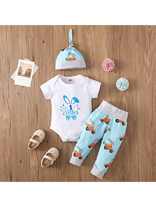 Liyabanna Newborn Baby Boy Girl Easter Outfits My 1st Easter Short Sleeve Romper Bodysuit+Bunny Pants + Hat 3Pcs Clothes Set