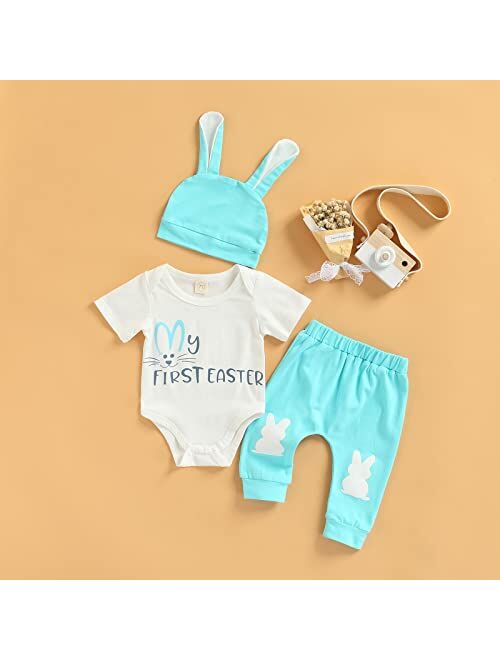 Soliloquy My First Easter Baby Boy Girl Outfit Short Sleeve Romper+Bunny Print Leggings Pants+Rabbit Ear Hat 3PCS Clothes Set