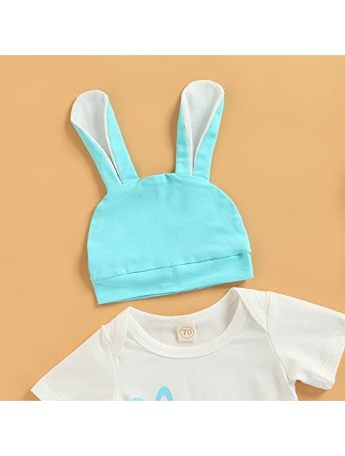 Soliloquy My First Easter Baby Boy Girl Outfit Short Sleeve Romper+Bunny Print Leggings Pants+Rabbit Ear Hat 3PCS Clothes Set