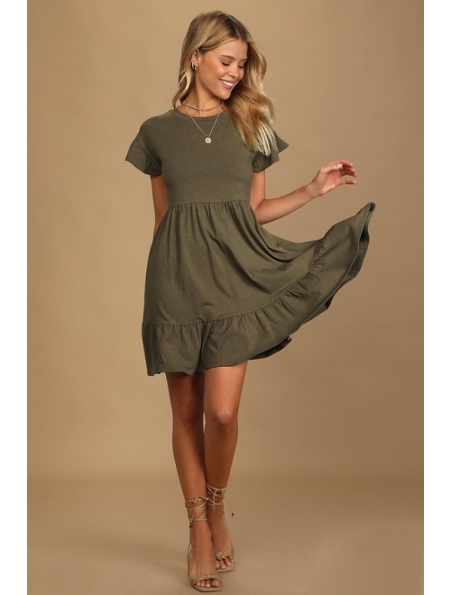 Lulus Sweetest Style Olive Green Tiered Babydoll Dress