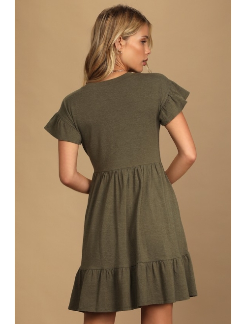 Lulus Sweetest Style Olive Green Tiered Babydoll Dress
