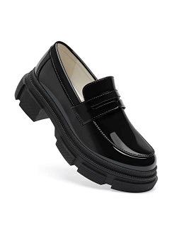 YETIER Platform Womens Loafer Leather Slip-ons Round Toe Chunky Loafer Shoes Penny Casual Fashion Shoes with Chain