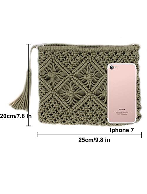 Magibag Crochet Tassel Handbag Straw Envelope Clutch Bag Cotton Macrame Purse Hobo Hand-Woven Beach Wristlet Bag with Zipper