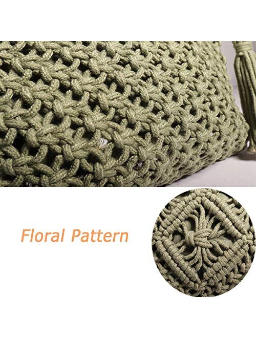 Magibag Crochet Tassel Handbag Straw Envelope Clutch Bag Cotton Macrame Purse Hobo Hand-Woven Beach Wristlet Bag with Zipper