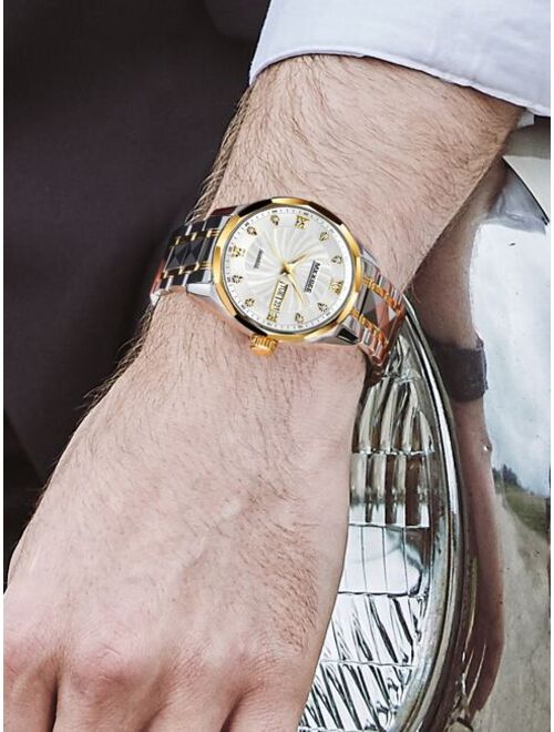 ABORNI Jewelry & Watches Men Rhinestone Decor Round Pointer Calendar Quartz Watch