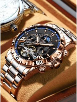 GLENAW Jewelry & Watches Men Triple Dial Mechanical Watch