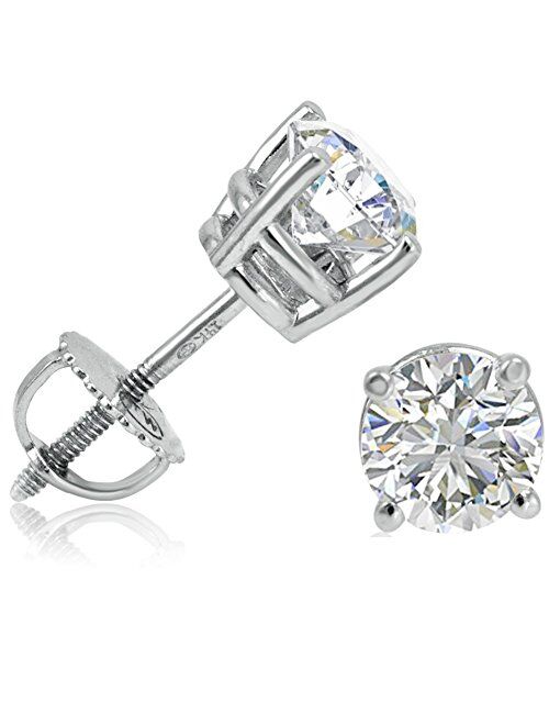 Amanda Rose Collection IGI Certified Lab Grown Round Diamond Stud Earrings for Women in 14K White Gold with Screw Backs | VS1-VS2 Clairty G-H Color