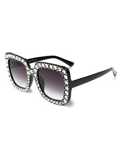 Large Jeweled Sunglasses for Women Crystal Bling Studded Oversized Square Frame
