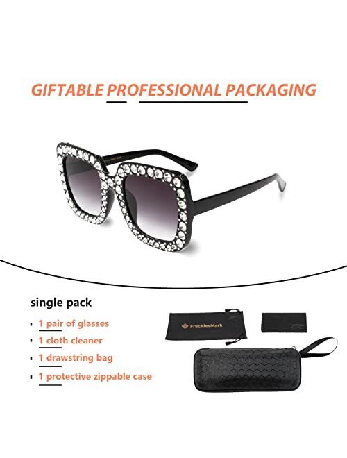 Freckles Mark Large Jeweled Sunglasses for Women Crystal Bling Studded Oversized Square Frame