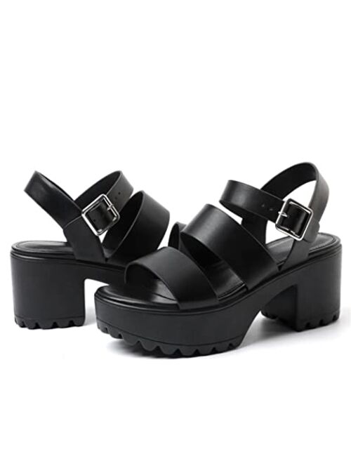 GOUPSKY Platform Sandals for Women Lug Sole Block Heeled Sandals with Adjustable Ankle Strap