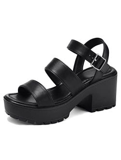 mysoft Women's Platform Sandals Ankle Strap Open Toe Lug Sole 3 Inch Chunky Block Heeled Sandals