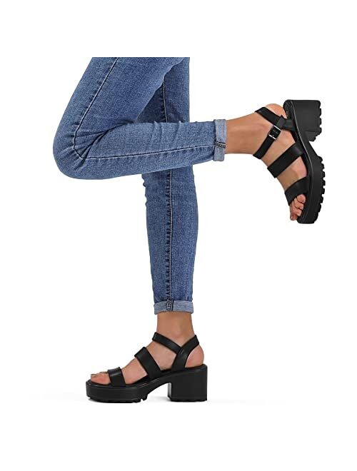 mysoft Women's Platform Sandals Ankle Strap Open Toe Lug Sole 3 Inch Chunky Block Heeled Sandals